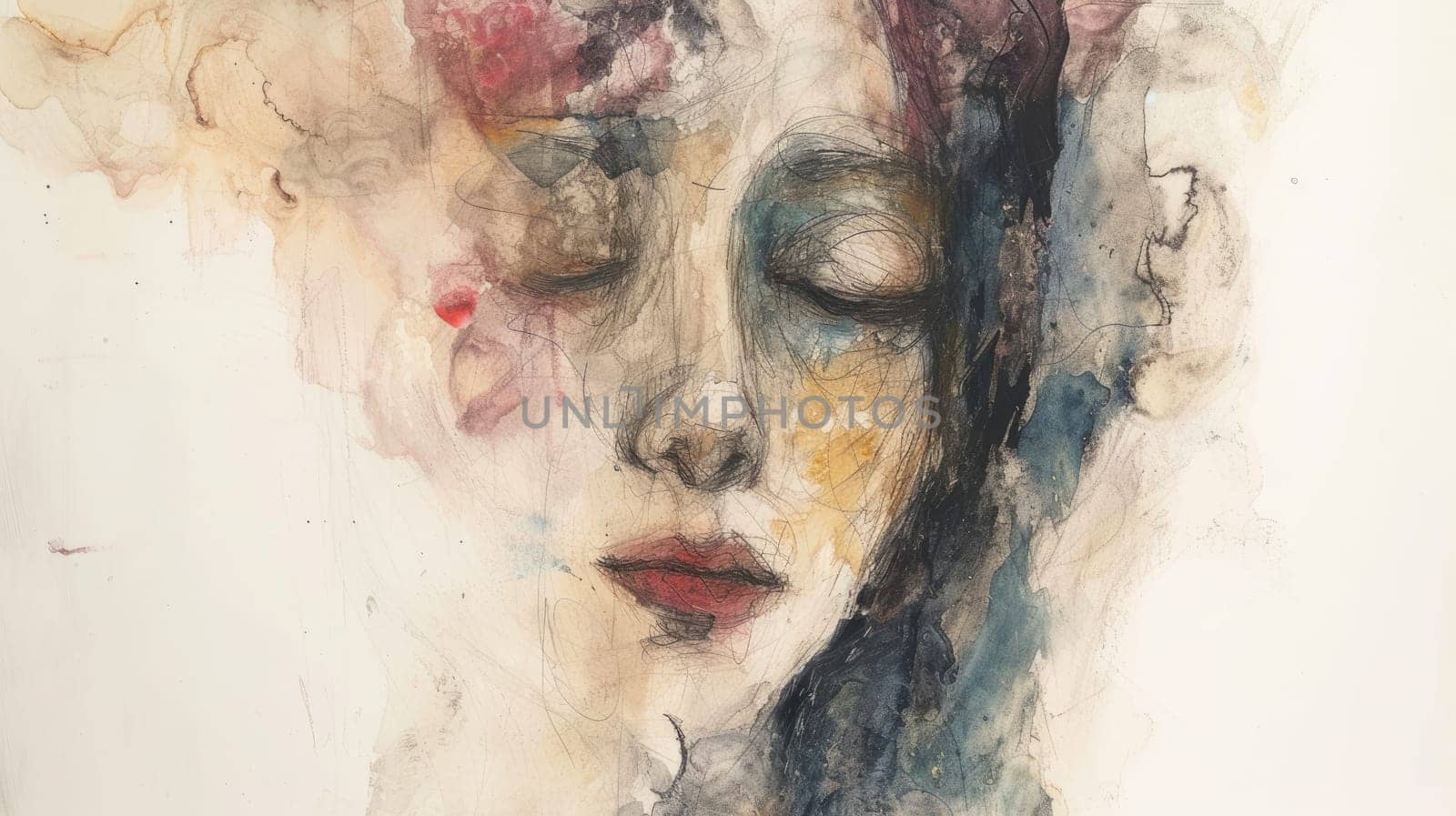 Portrait of relaxing young beautiful woman drawing and painting with watercolor and ink. Abstract modern art of female or girl face blending and drafting with color pencil. Famine and beauty. AIG42.
