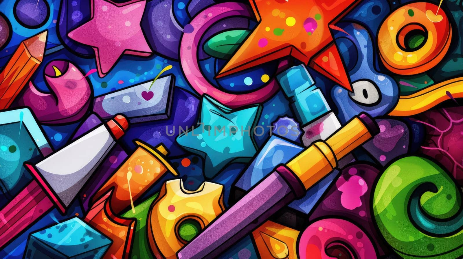 A colorful graffiti-style pattern with stars, eyes, and other shapes. AIG51A.