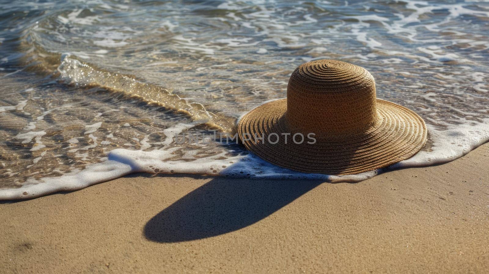 The hat rests on the sandy beach by the waters edge, under the warm sunlight. The fluid waves gently kiss the shore, creating a peaceful landscape with a wooden horizon AIG50