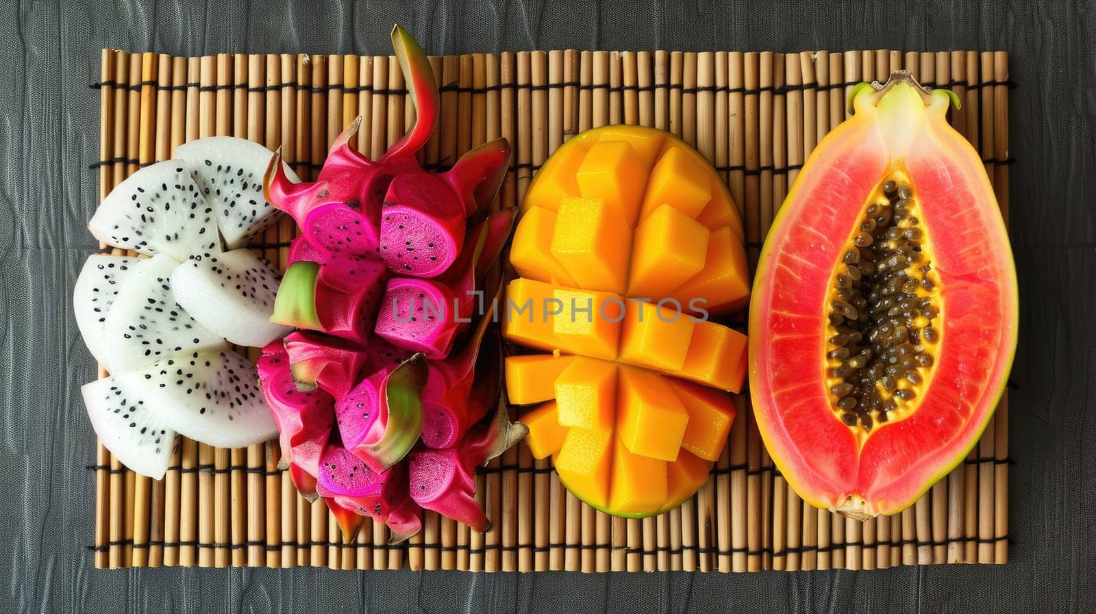 A bamboo mat serves as the tableware for a black plate adorned with mangoes and dragon fruit, creating a colorful and vibrant display of tropical ingredients AIG50