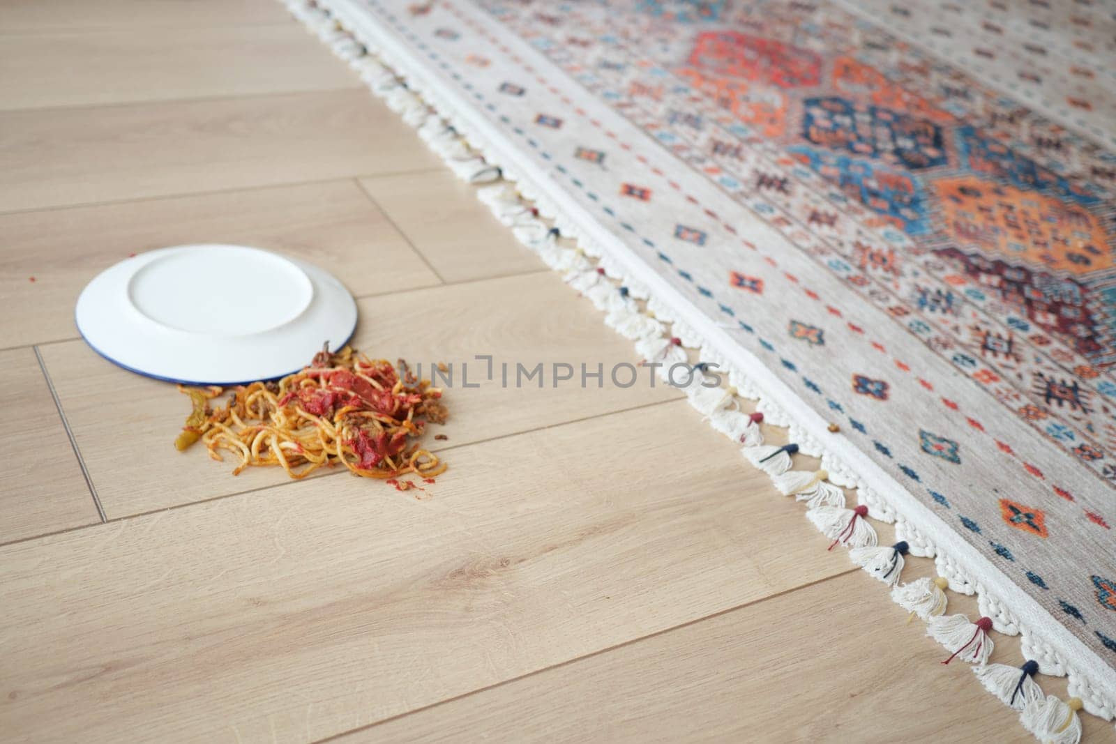 Spaghetti and sauce spilled on floor..
