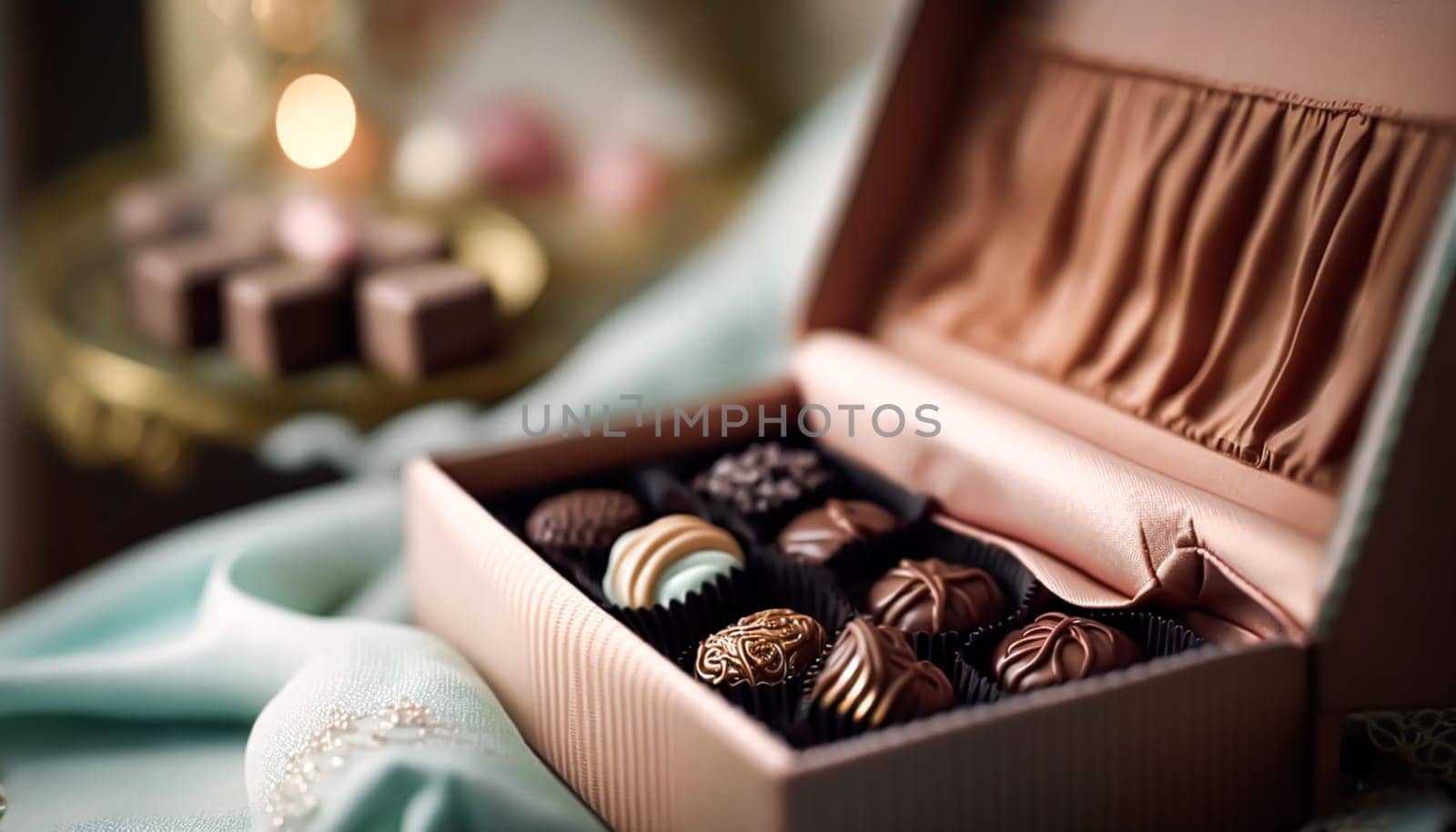 Chocolates and chocolate pralines in a gift box as a luxury holiday present, post-processed, generative ai