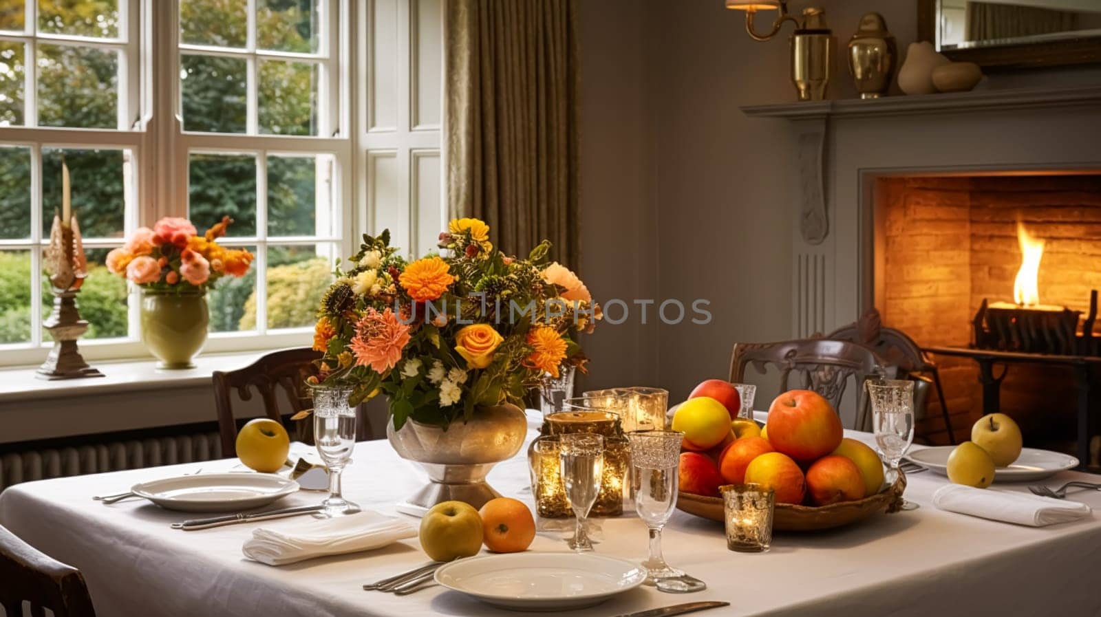 Dining room decor, interior design and autumn holiday celebration, elegant autumnal table decoration with candles and flowers, home decor and country cottage style by Anneleven