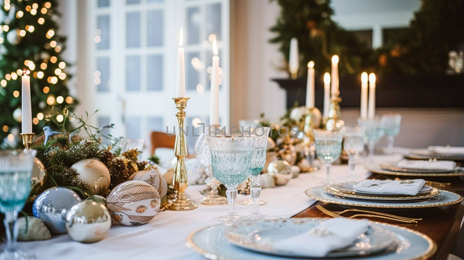 Christmas table decor, holiday tablescape and dinner table setting, formal event decoration for New Year, family celebration, English country and home styling inspiration
