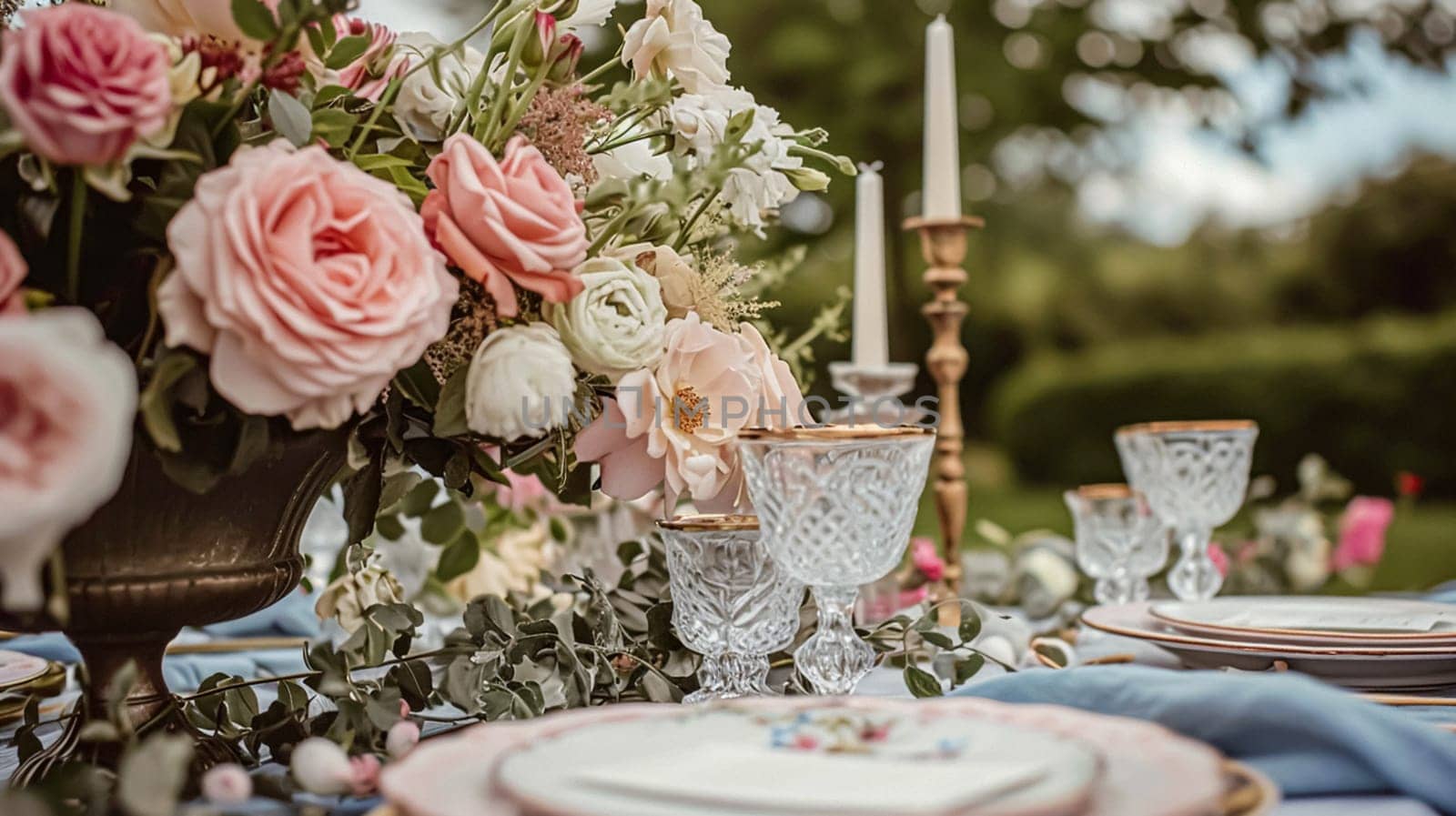 Beautifully set table for a garden party, adorned tablescape with vibrant floral arrangements, under the shade of blossoming rose bushes, inviting a sense of elegance and natural charm