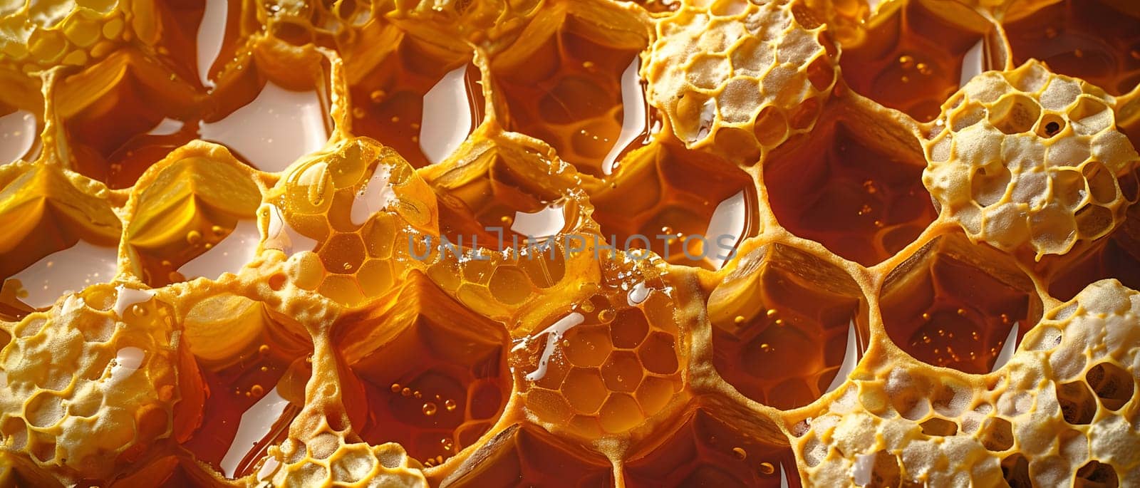 A macro photograph showing a close up of a honeycomb filled with golden amber honey. The natural material forms a beautiful pattern, resembling peachcolored art