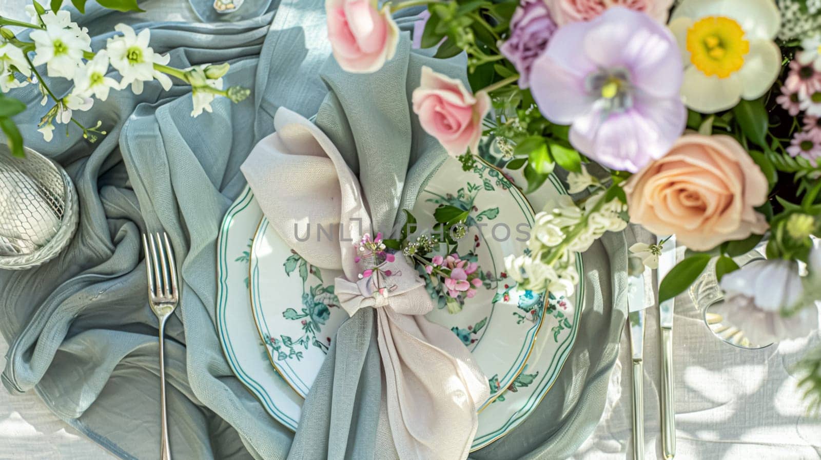 Easter tablescape decoration, floral holiday table decor for family celebration, spring flowers, Easter eggs, Easter bunny and vintage dinnerware, English country and home styling