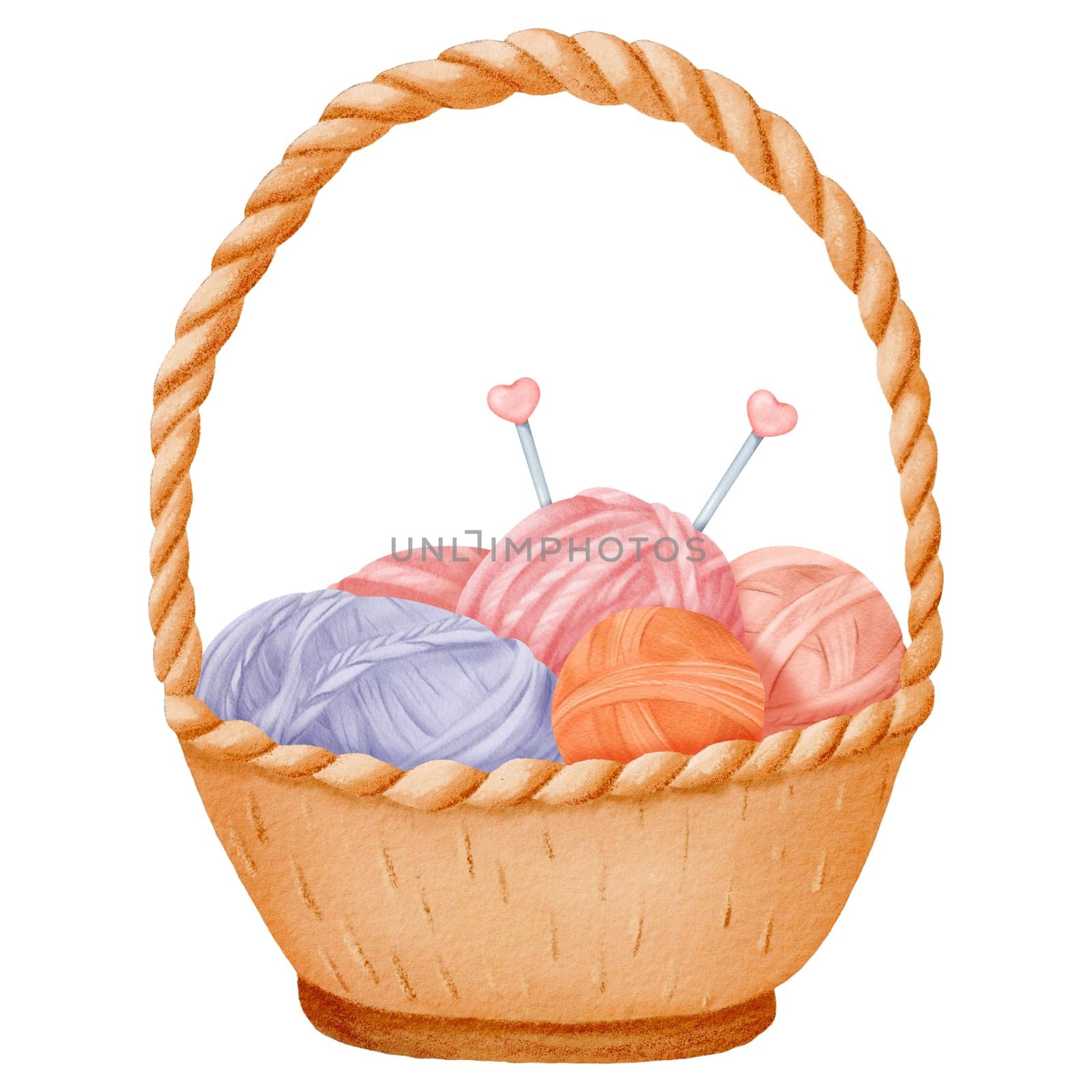 A cozy composition featuring a woven basket filled with colorful yarn skeins and knitting needles. Perfect for crafting blogs, cozy home decor designs, or DIY-themed projects. Watercolor illustration.