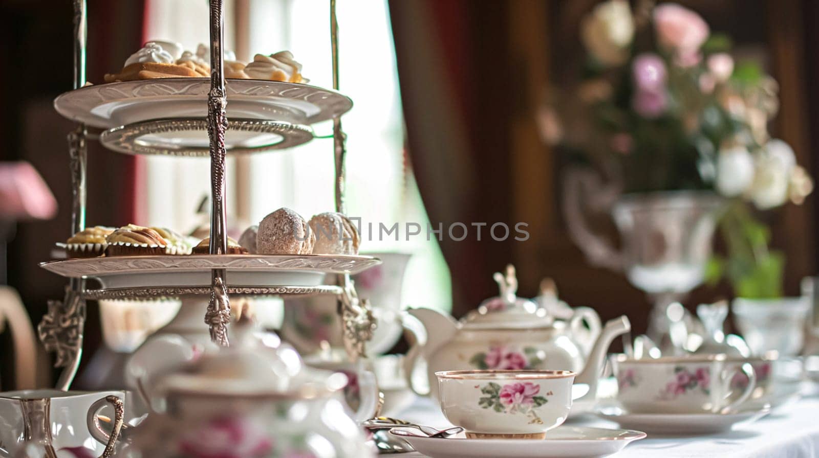 Elegant table setting for tea party with cakes and cupcakes in English manor. Selective focus. Vintage style