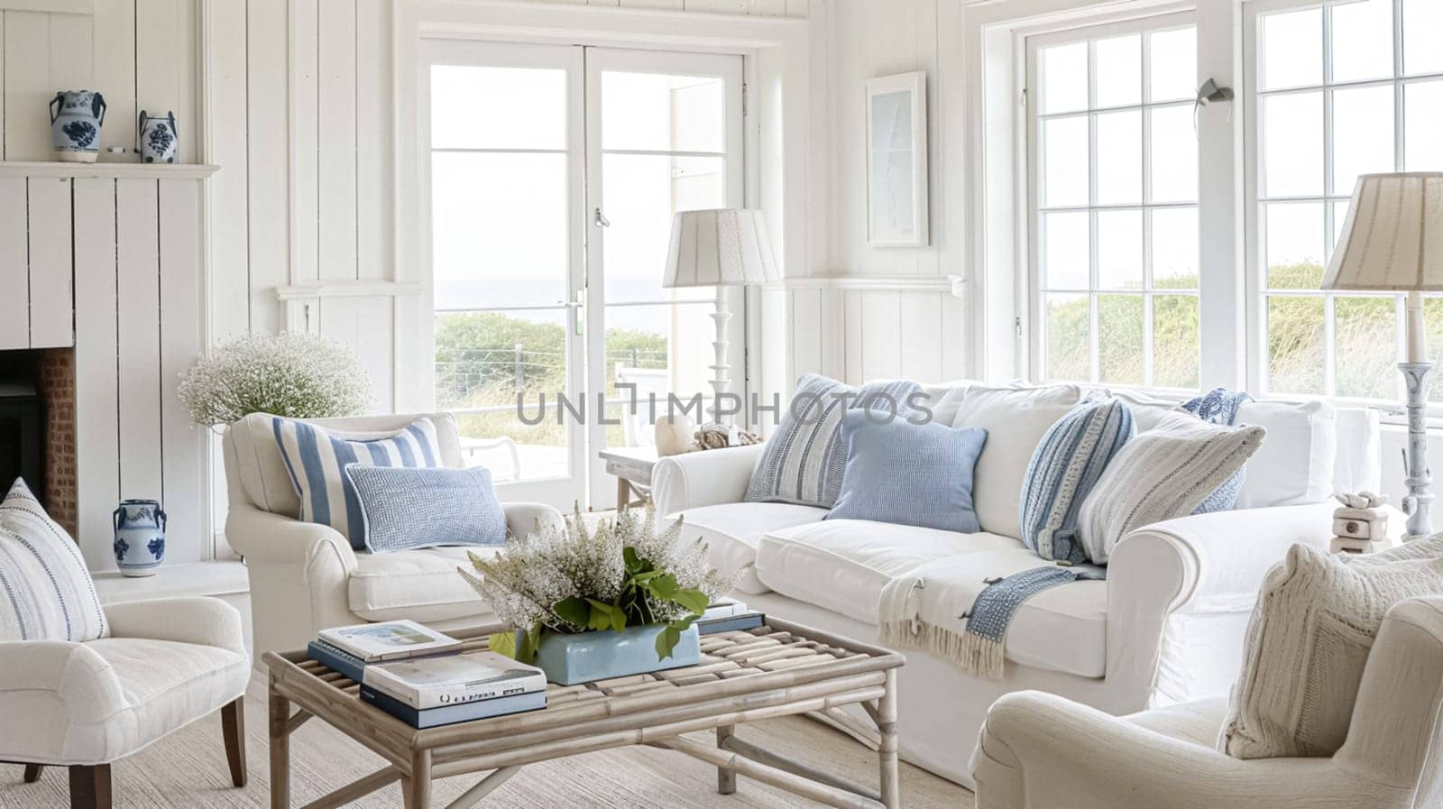 Interior of a living room with white walls, sofa and cushions. Sitting room in coastal cottage with sea view. Luxury lounge room