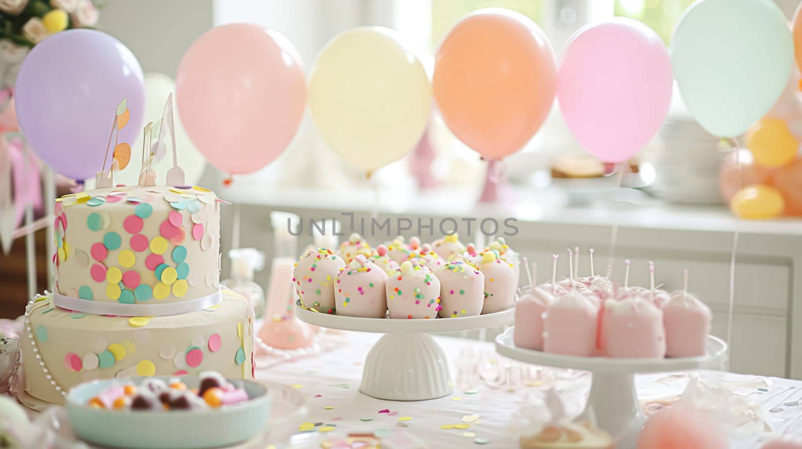 Birthday table decoration with sweets, flowers, candles and pink balloons. by Olayola