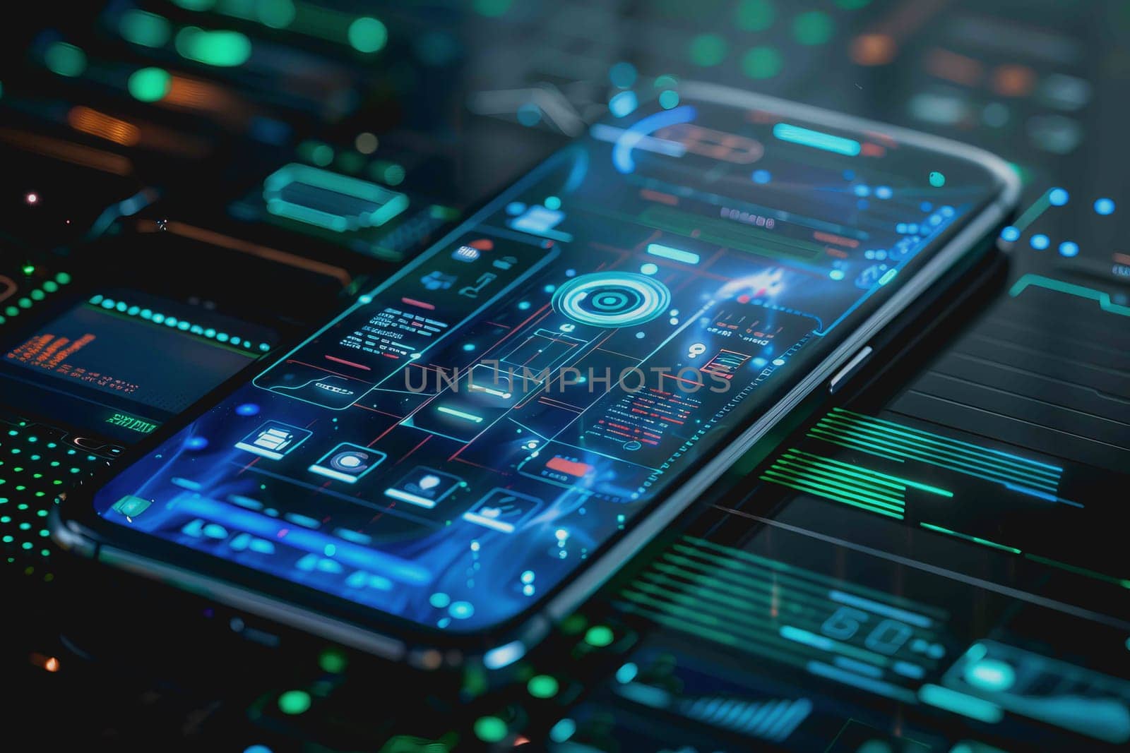smartphone a transparent display shows user interface components, UX, UI, futuristic technology