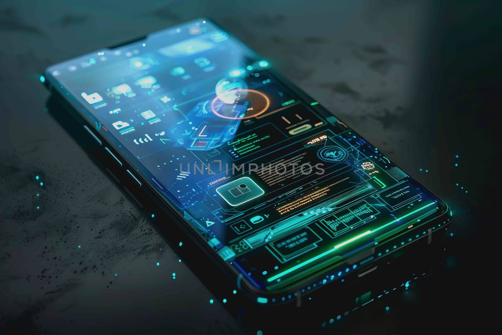 smartphone a transparent display shows user interface components, UX, UI, futuristic technology