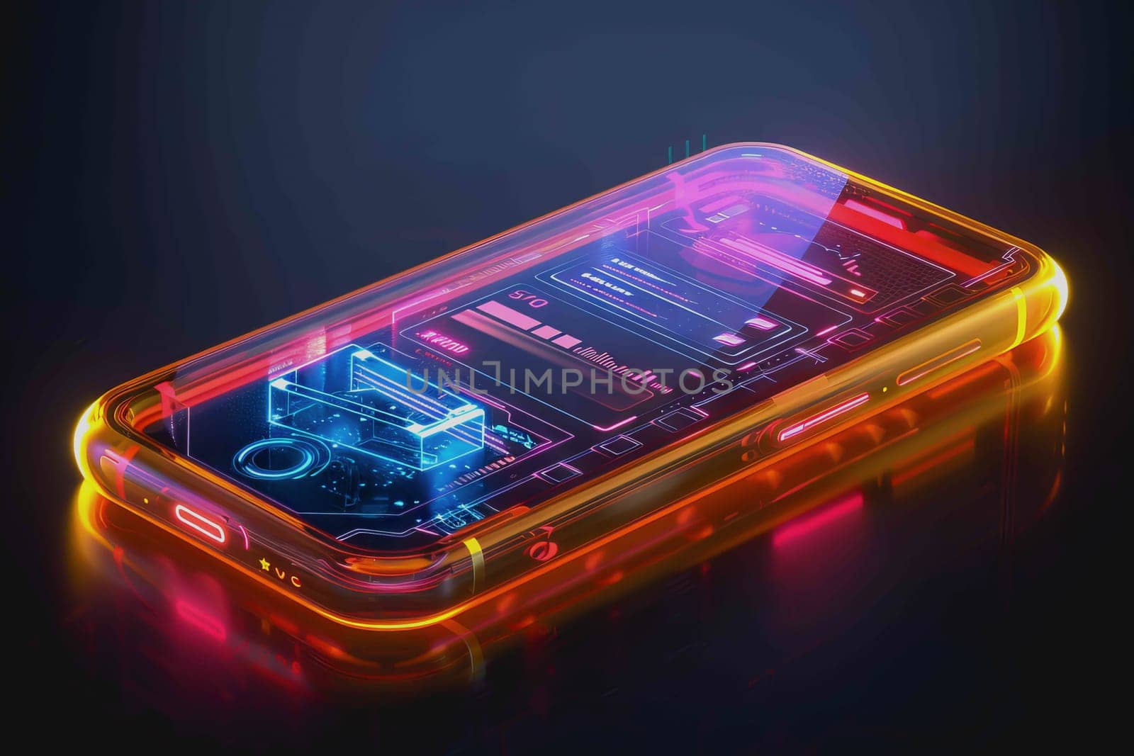 smartphone a transparent display shows user interface components, UX, UI, futuristic technology