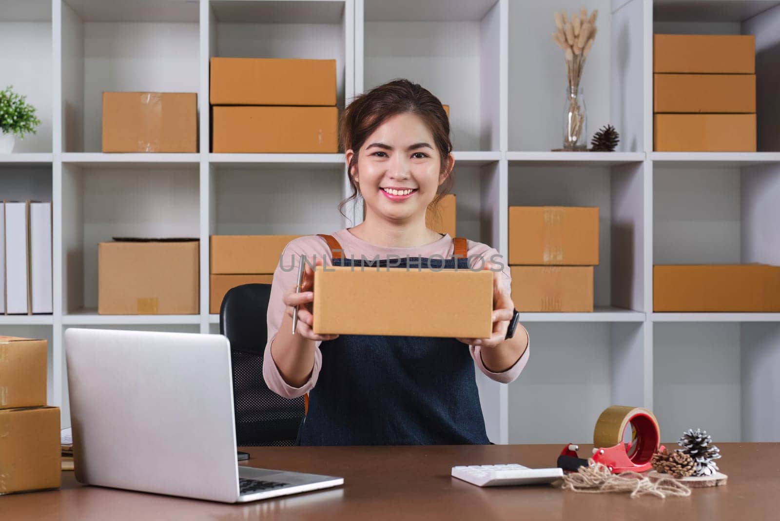 SME business owner holds a parcel box showing delivery of goods for an online business. by wichayada