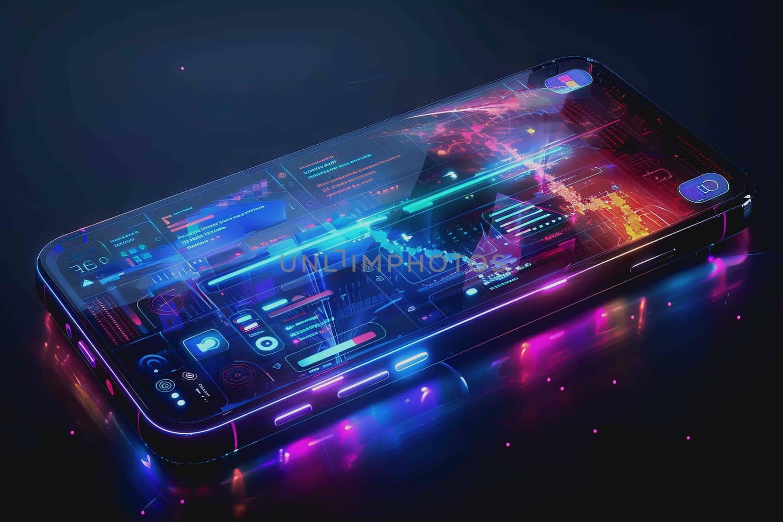 smartphone a transparent display shows user interface components, UX, UI, futuristic technology