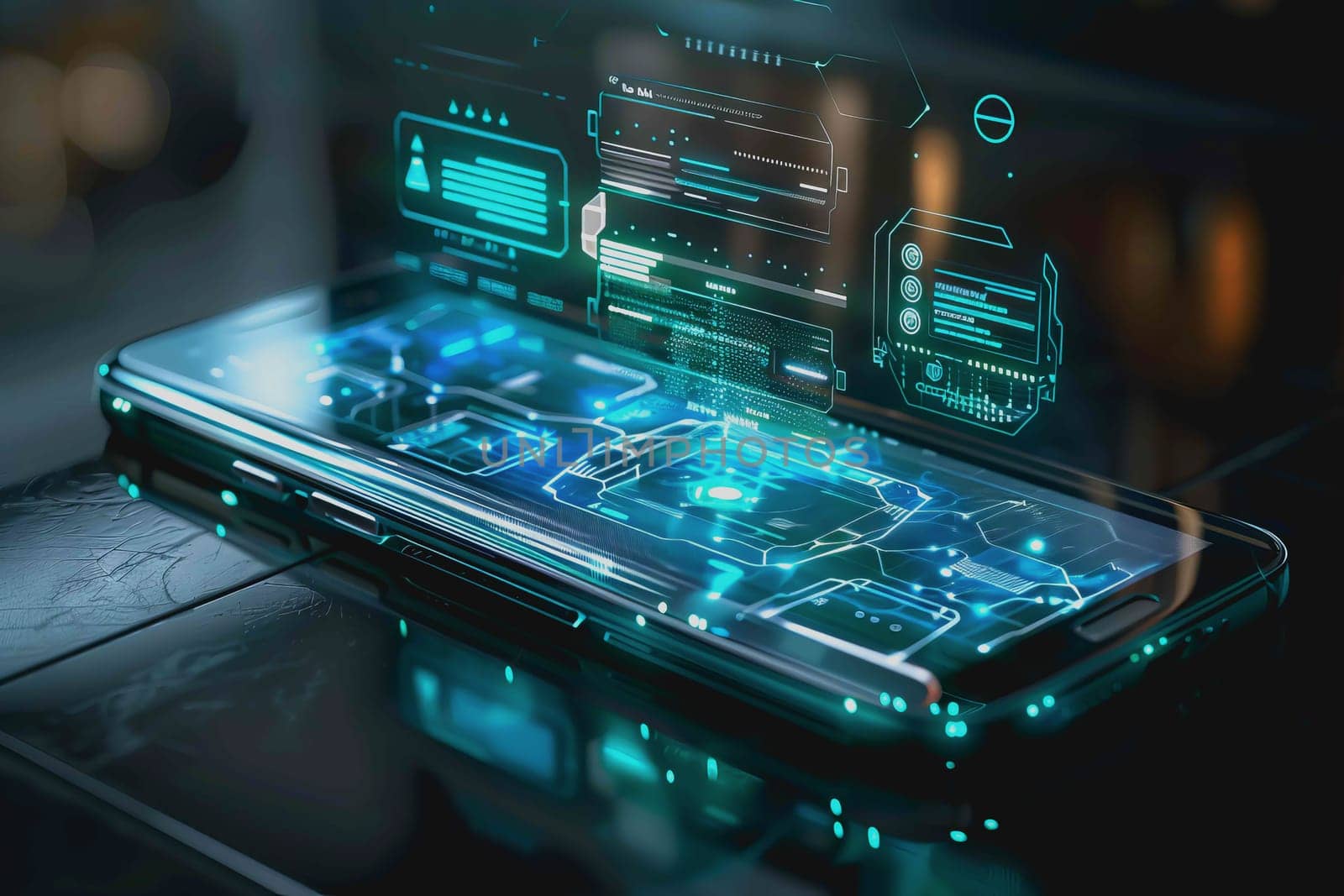 smartphone a transparent display shows user interface components, UX, UI, futuristic technology