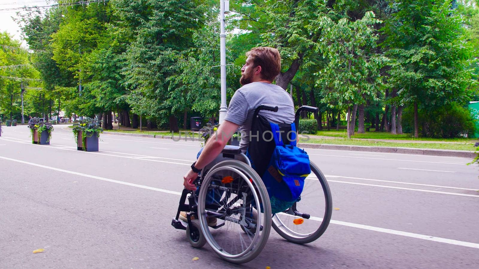 Young disable man in wheelchair walking in the park. Rear view.