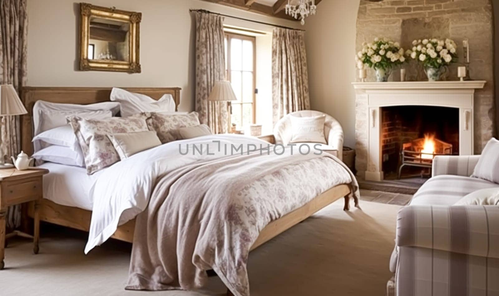 Bedroom decor, interior design and holiday rental, classic bed with elegant plush bedding and furniture, English country house and cottage style idea
