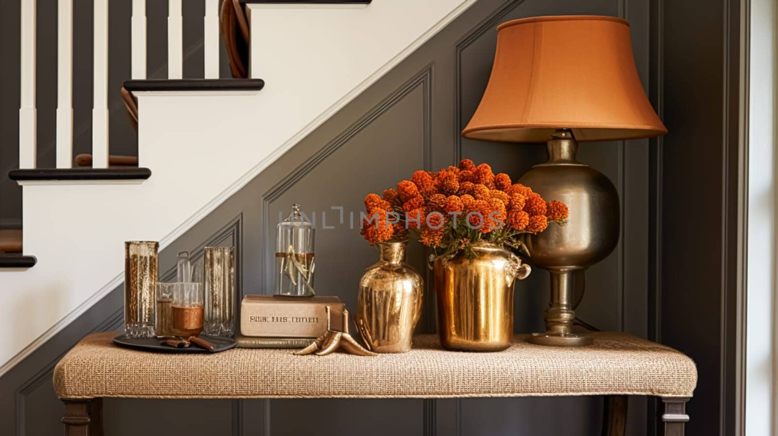 Autumnal hallway decor, interior design and house decoration, welcoming autumn entryway furniture, stairway and entrance hall home decor in an English country house and cottage style by Anneleven