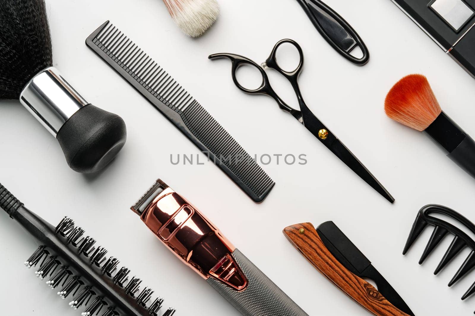 Pattern of various shaving and bauty care accessories for men on gray background by Fabrikasimf