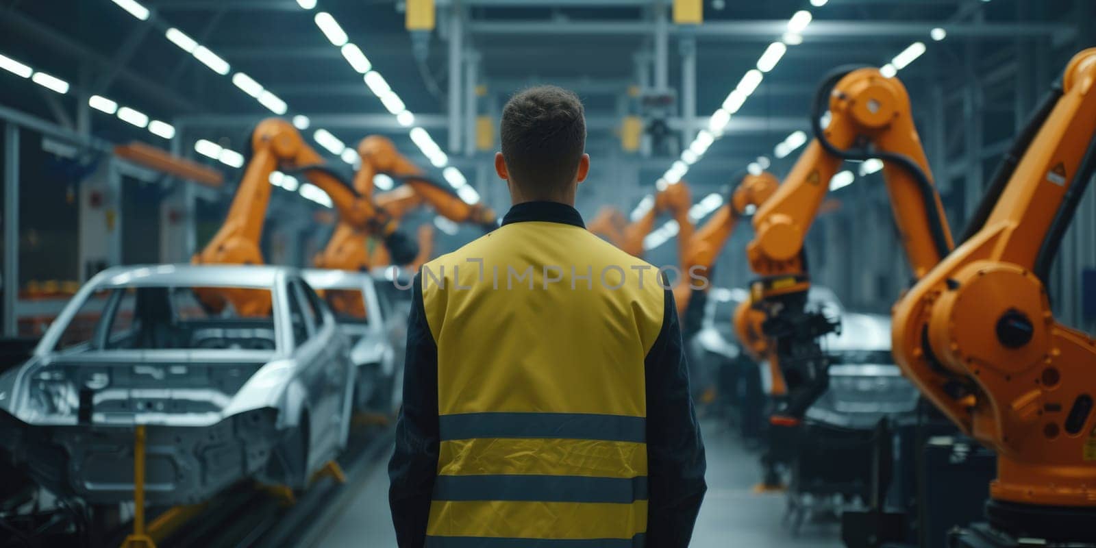 Machine arm working while smart mechanic engineer checking or inspect robotic arm. Factory machine or robotic electronic device working while industrial worker or engineer inspecting machines. AIG42.
