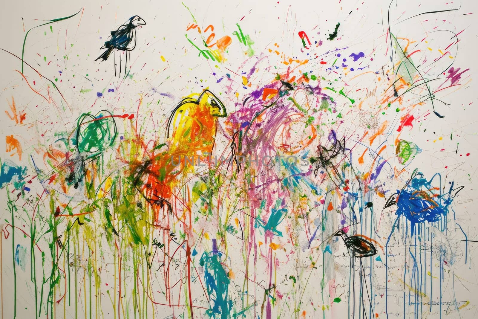 The hand drawing colourful picture of the group of the various type of the animal that has been drawn by the colored pencil or chalk on the white background that seem to be drawn by the child. AIGX01.