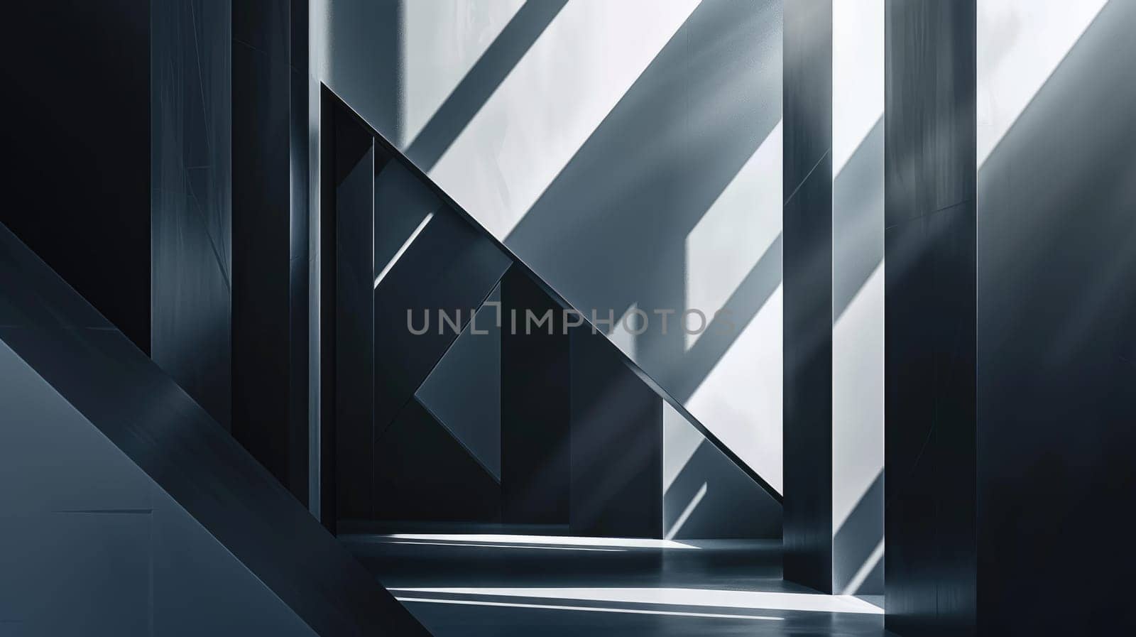A black and white abstract geometric background with various triangle shapes in different sizes arranged in a way that creates a sense of depth, dynamic and movement with gray shade. Abstract. AIG42.