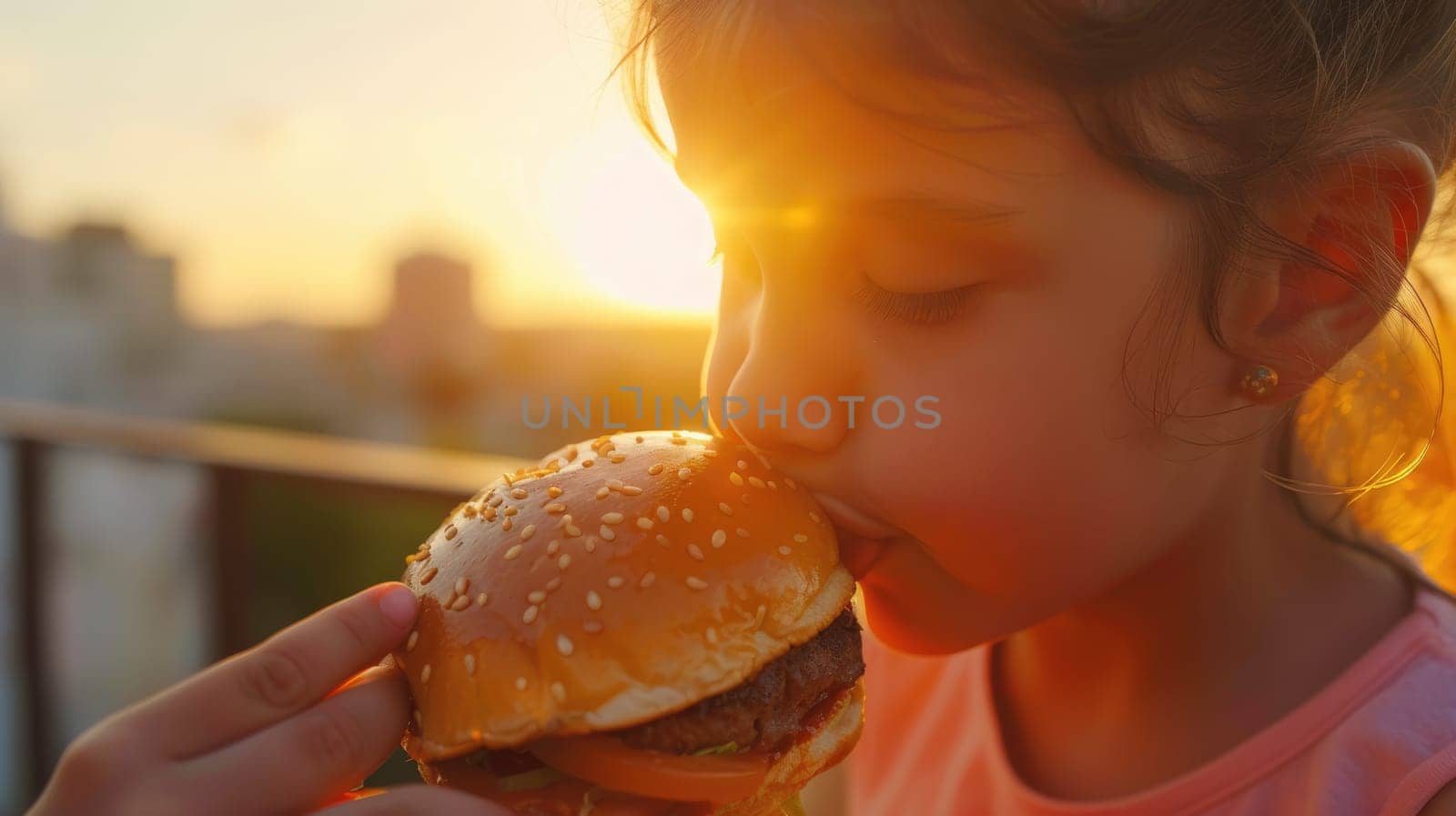 A young girl is enjoying a classic fast food meal of a hamburger with french fries. The staple food includes a bun, sandwiched with ingredients for a satisfying food craving AIG50