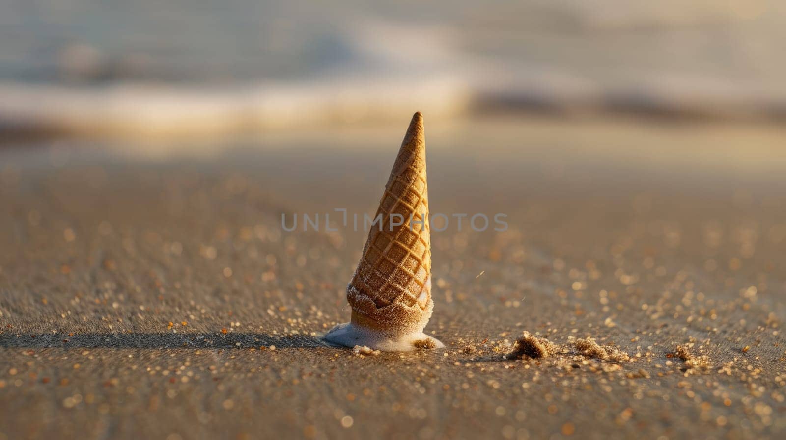 A cone of ice cream protrudes from the sandy landscape on the beach, surrounded by water and wind waves, creating a picturesque horizon AIG50