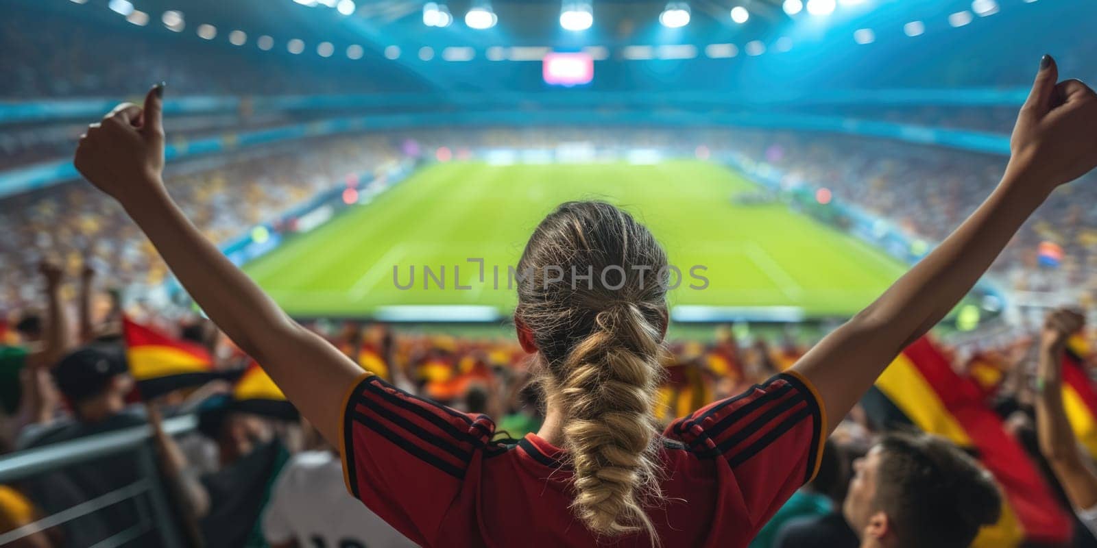 A fan at a world competition event raises his arms in the air, enjoying the fun and energy of the crowded stadium. AIG41