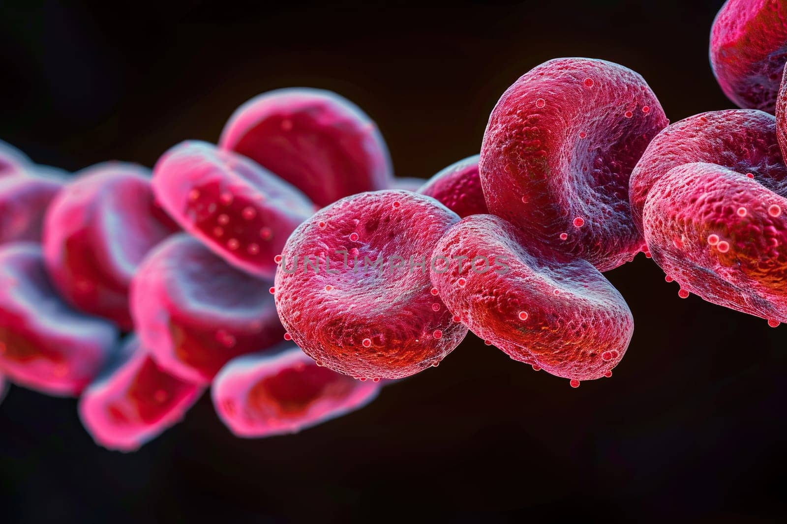 3D illustration of human red blood cells close up on black background. Medical healthcare concept.