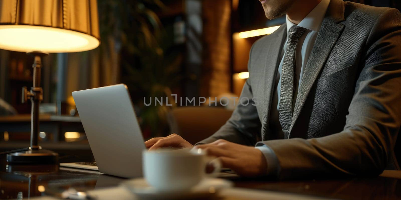 Close up of smart business man hands working on laptop at modern office. Skilled project manager using computer to plan marketing strategy or looking at financial statistic while wearing suit. AIG42.