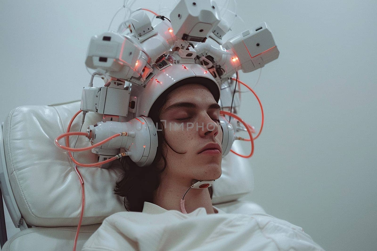 Patient on a couch with medical instruments for studying the brain on his head. Brain scanner. The concept of high technology in medicine and biology.