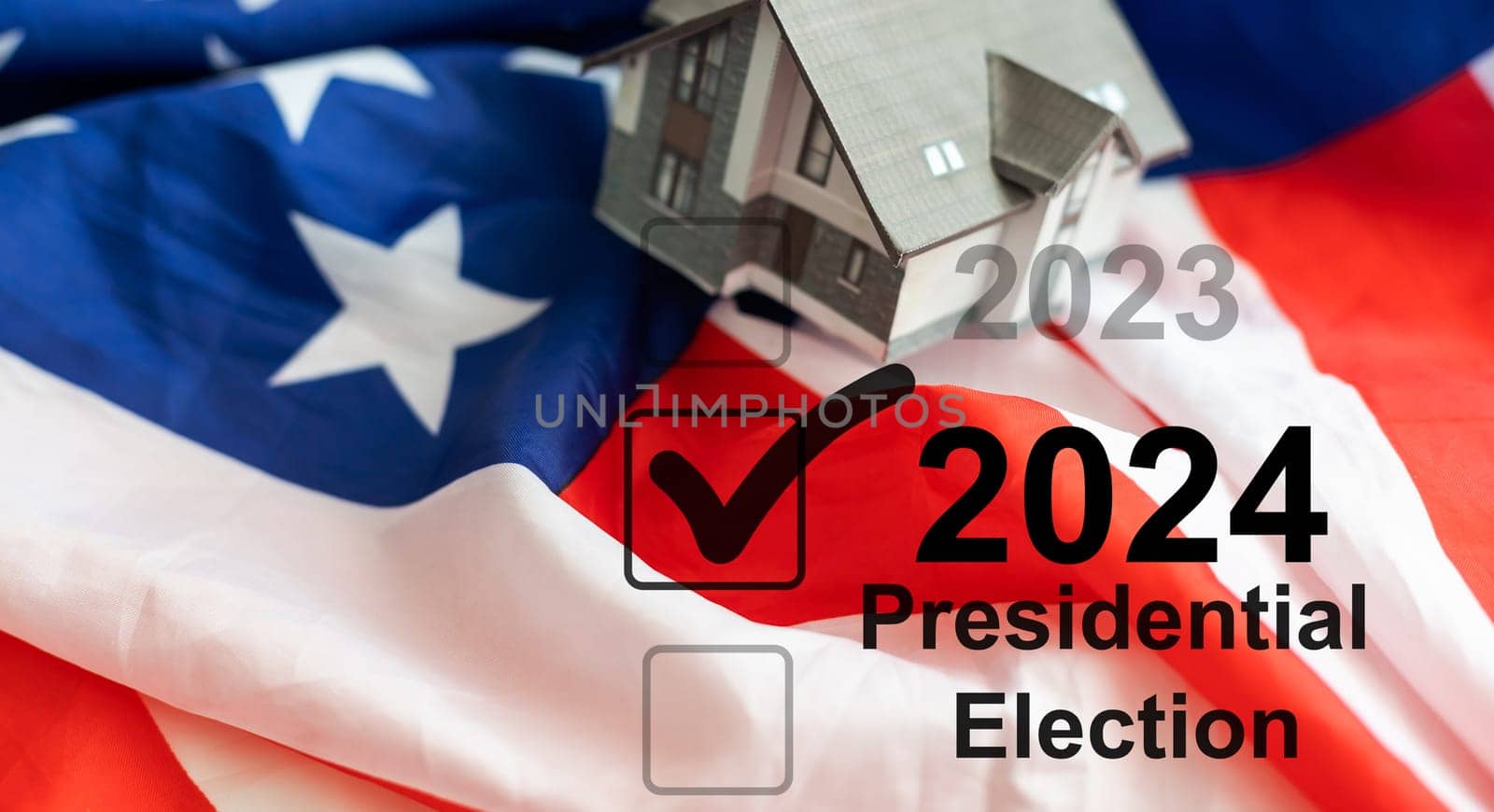 Presidential elections in America. The inscription Vote and 2024 on the background of the American flag. 3D render. by Andelov13