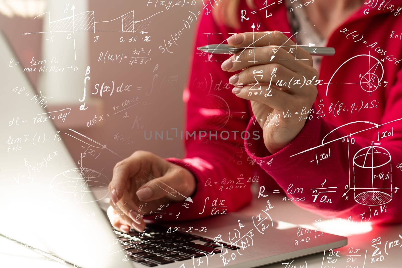 Woman typing on laptop at office workplace in background. Concept of working process, internet surfing, online business education. Student send e-mail. Close up view. Hands Shot. High quality photo