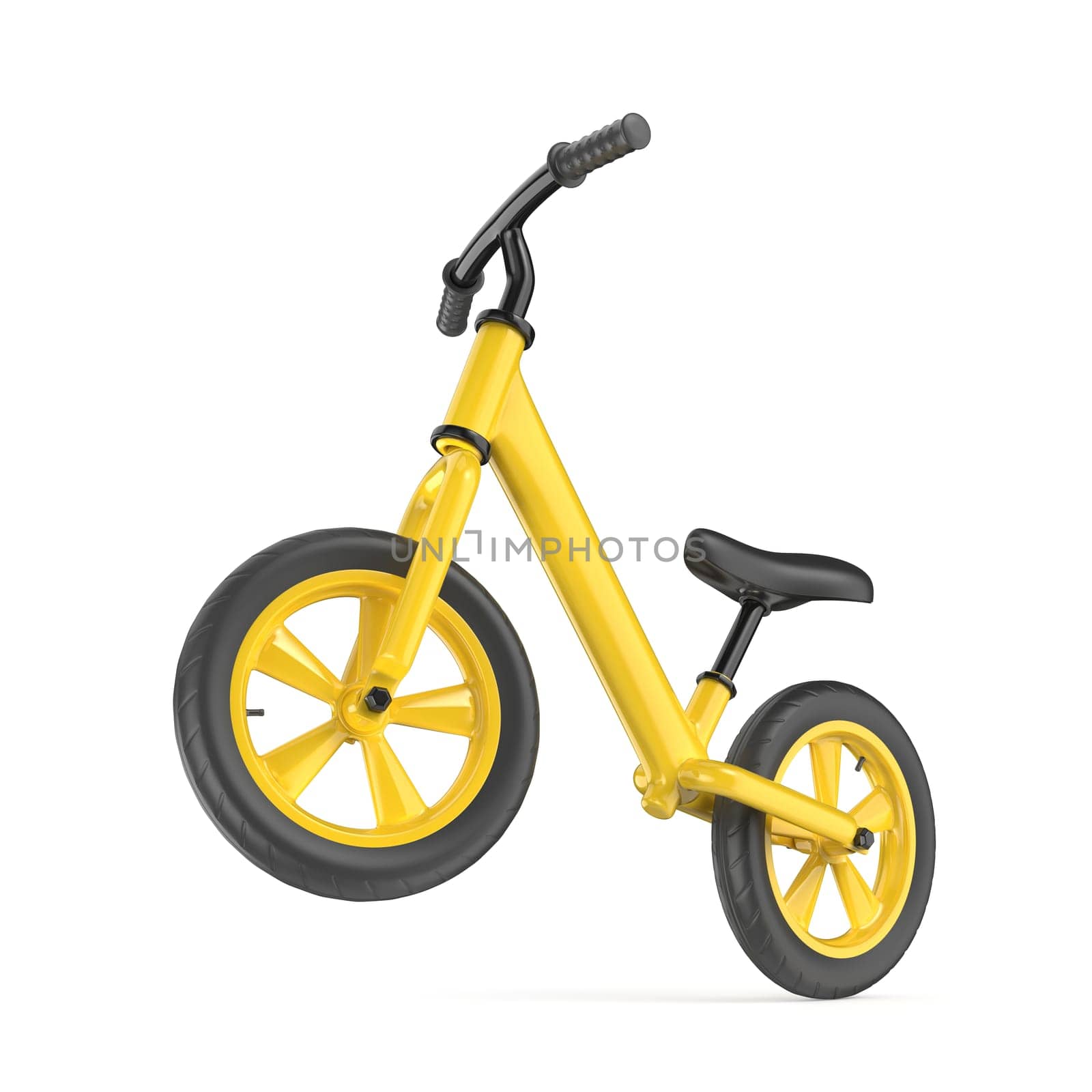 Yellow balance bike on white background
