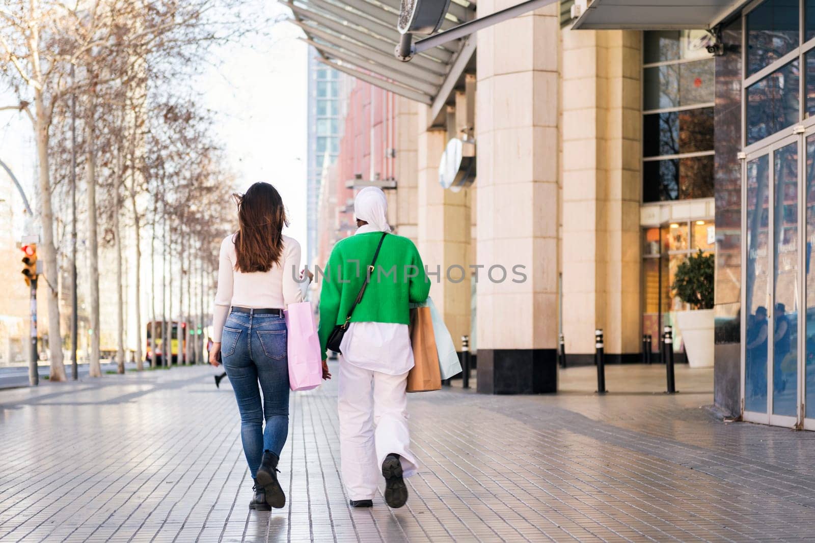 rear view of a multiracial couple of female friends walking in a shopping area, friendship and modern lifestyle concept