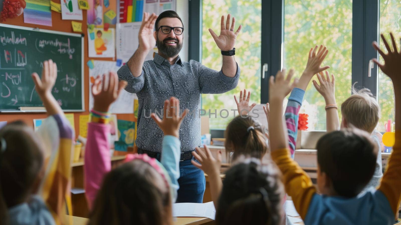A joyful crowd of children in a classroom eagerly raise their hands, ready to share their answers, creating a lively and engaging community of learners. AIG41
