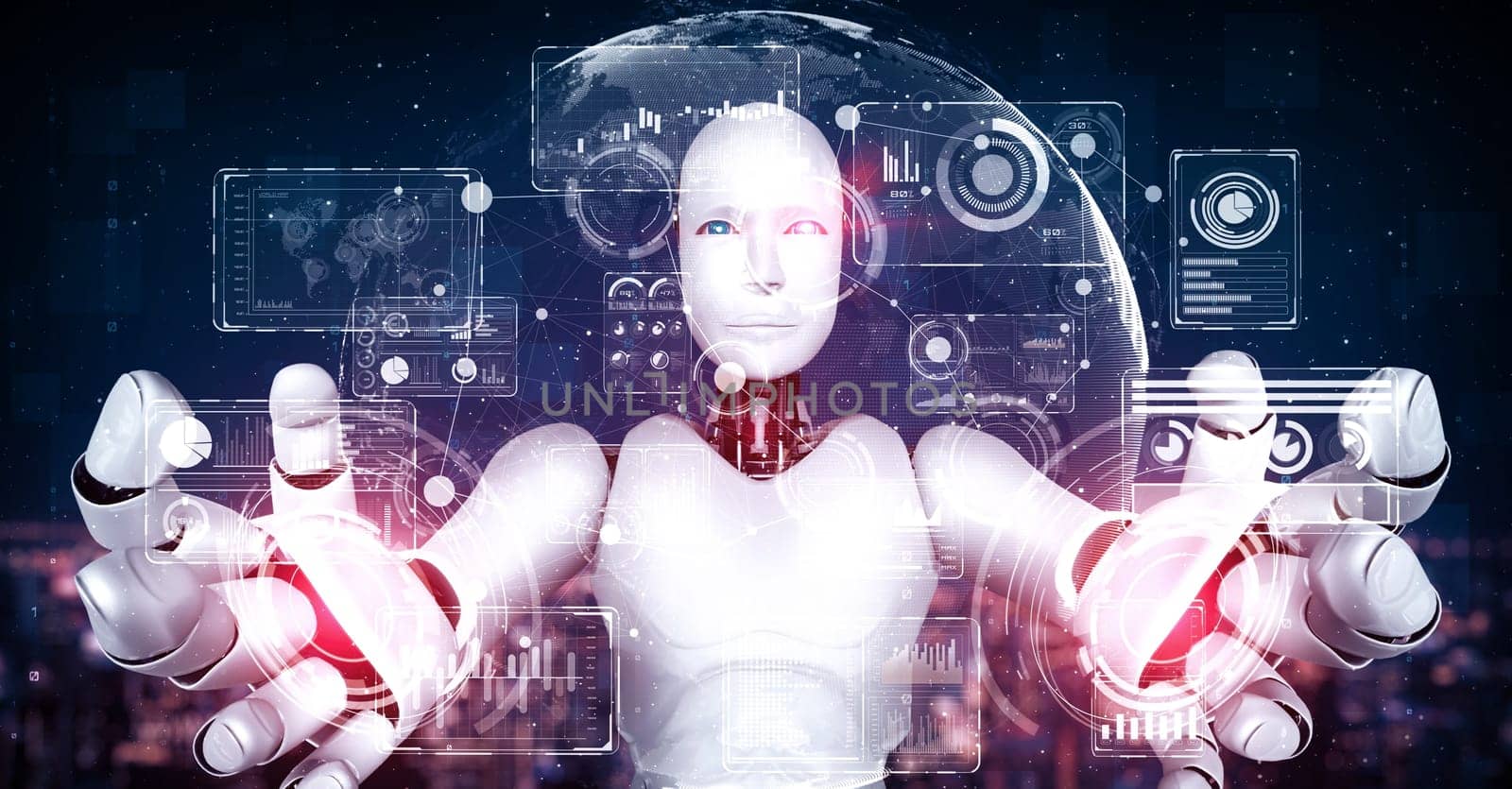 MLP 3d illustration AI hominoid robot holding virtual hologram screen showing concept of big data analytic using artificial intelligence thinking by machine learning process. 3D rendering.