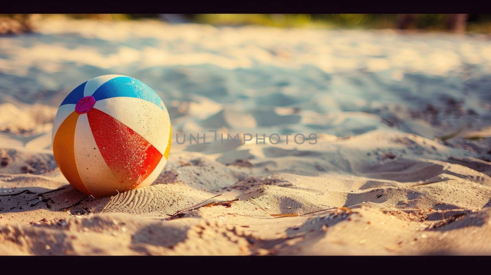 An electric blue beach ball rests on the sandy shore, adding a pop of color to the natural landscape surrounded by grass and soil. A fun fashion accessory for beach recreation AIG50