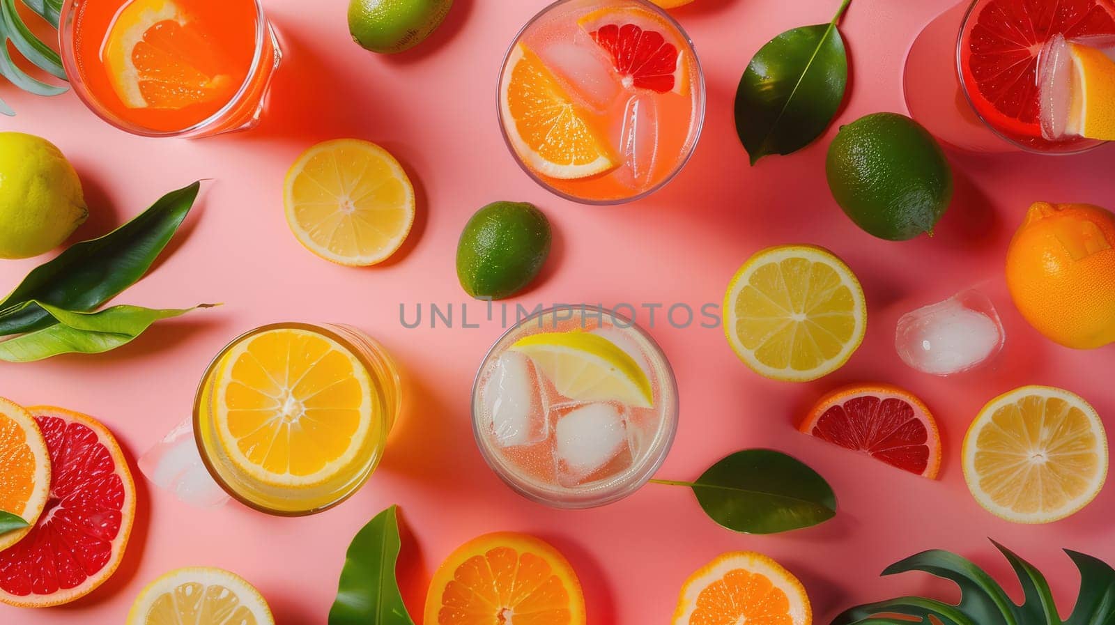 The table is adorned with a variety of fruits and leaves, including Rangpur, Hardy kiwi, and oranges. These natural foods can be used as ingredients in recipes AIG50