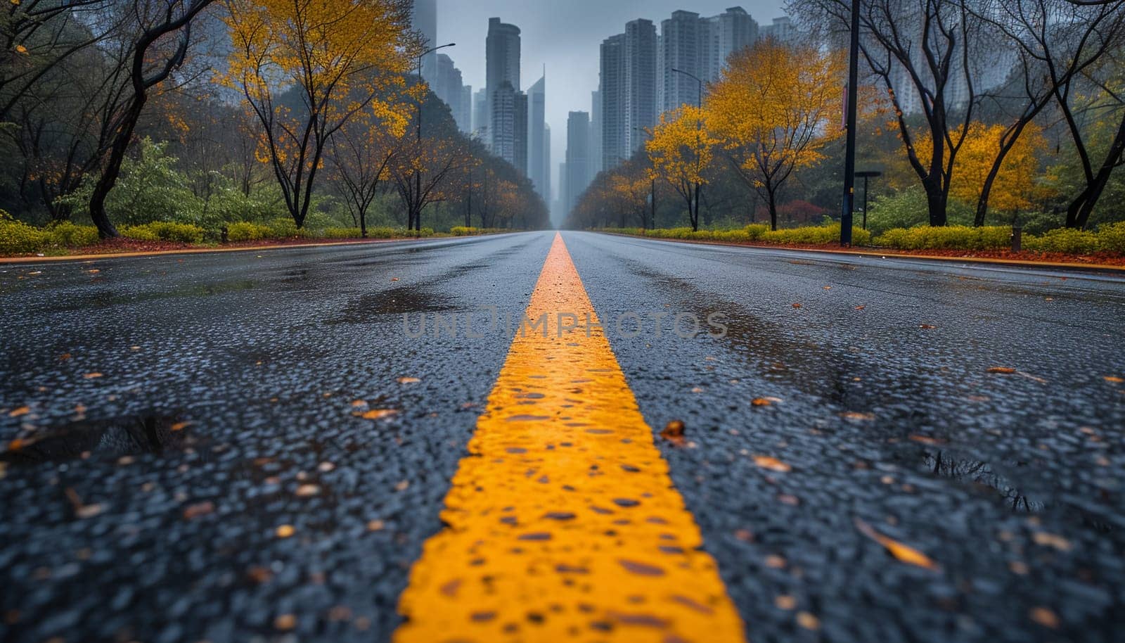 The perspective of the road against the background of sunset and the cityscape. High quality photo