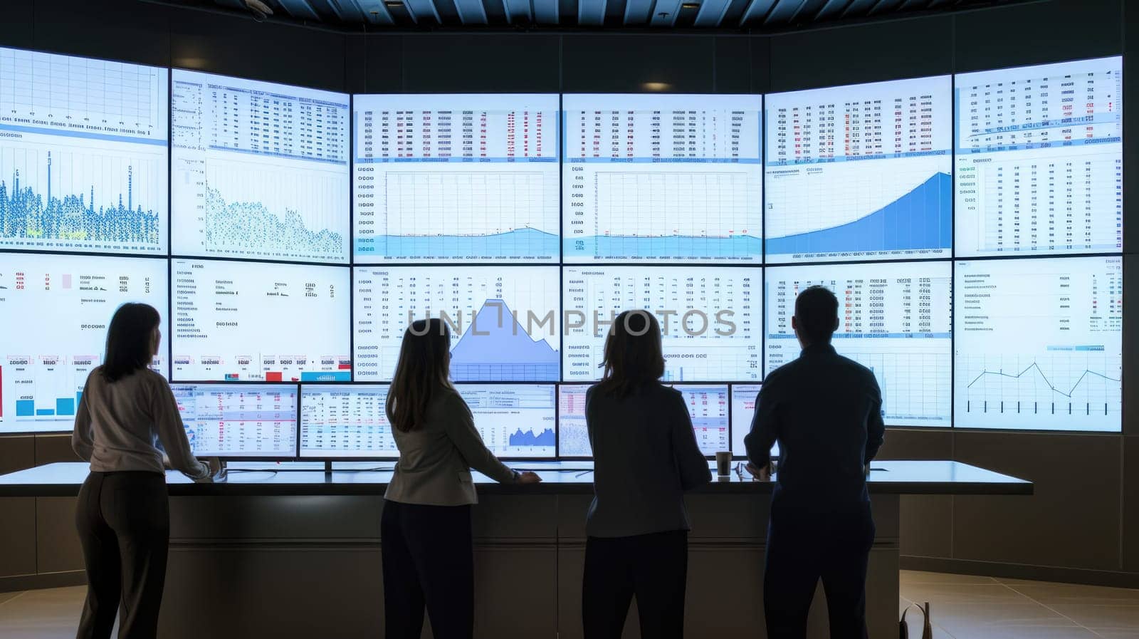 Cooperative business team discussing while talking stock market investment. Professional business people looking at monitor display financial statistic graph or chart while analyzing graph. AIG42.