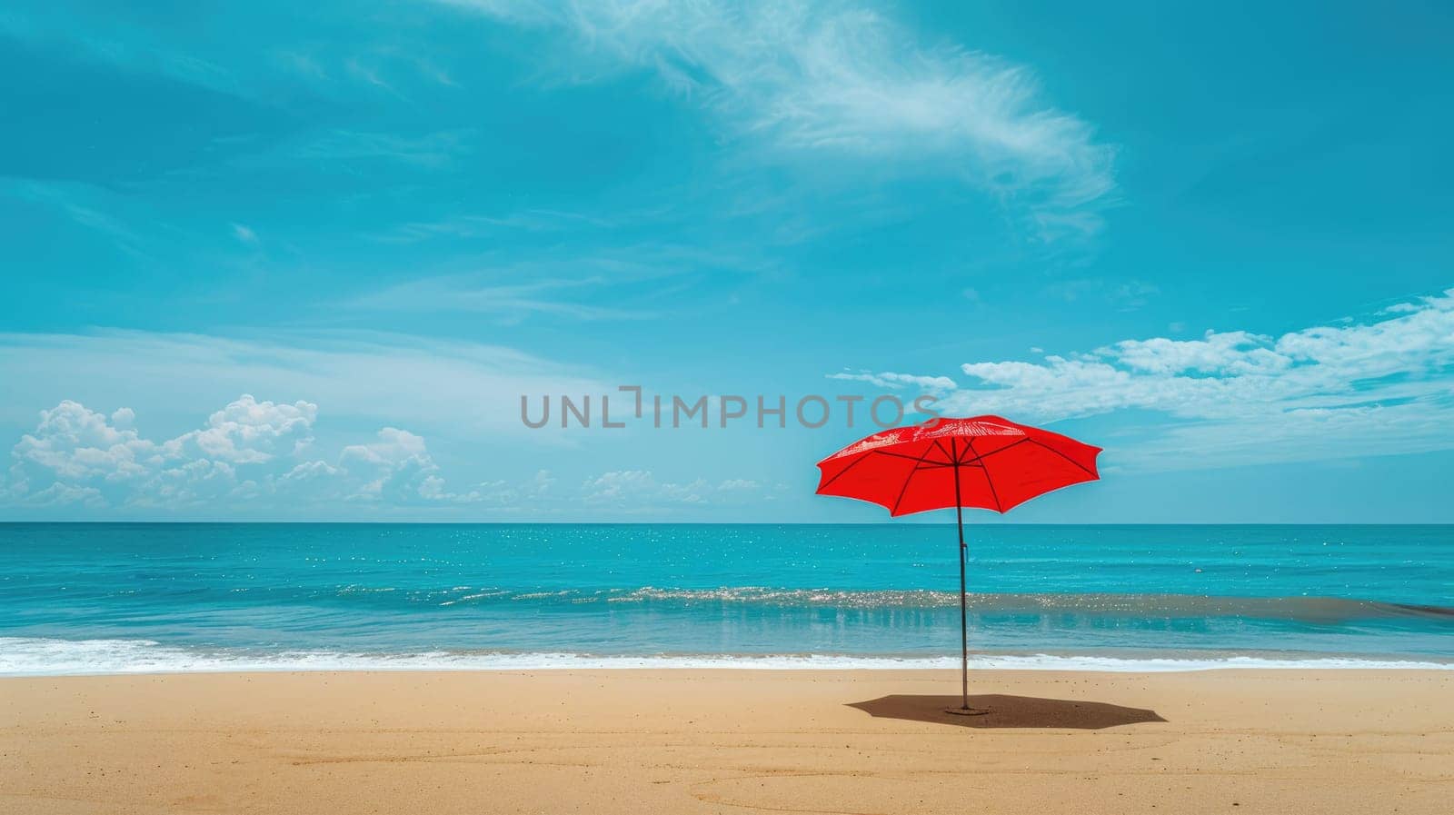 A vibrant beach umbrella provides shade on the sandy shore overlooking the sparkling ocean, with people enjoying the coastal natural landscape under a clear sky AIG50