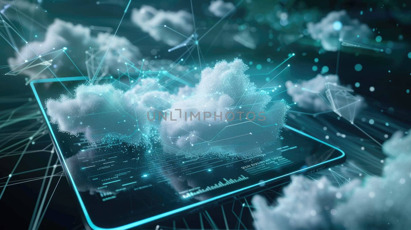 An image of electrical circuit and fluffy cloud represent cloud server or web connection and global internet communication networking with futuristic neon color. Technology innovation concept. AIG42.
