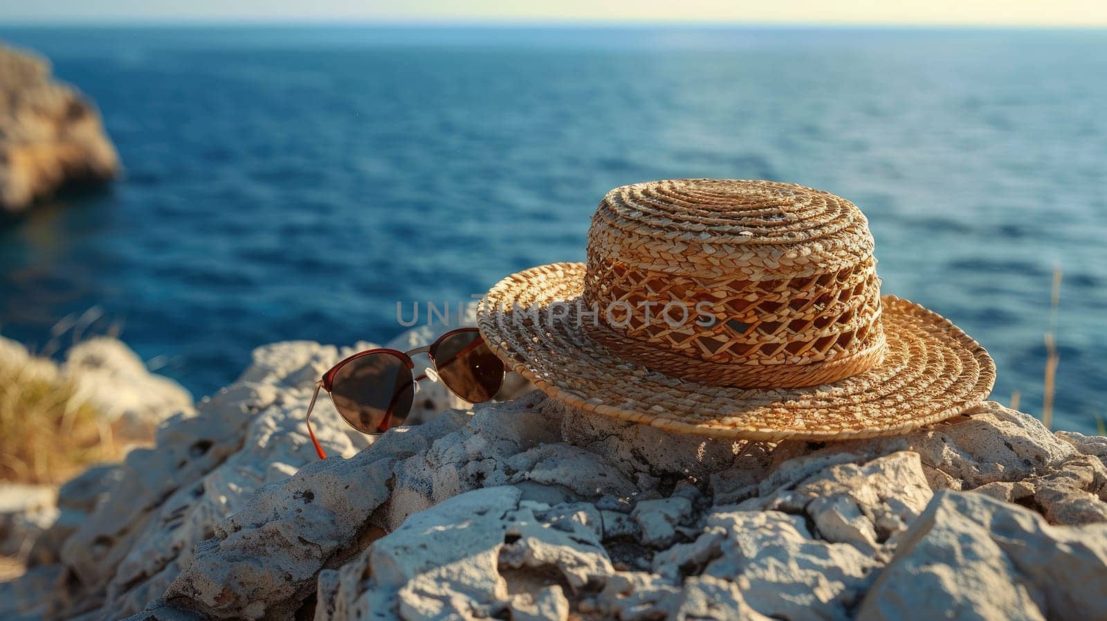A straw hat and sunglasses rest on a rock by the ocean, offering a scenic view of the water, sky, and horizon. A perfect spot for leisure and travel AIG50