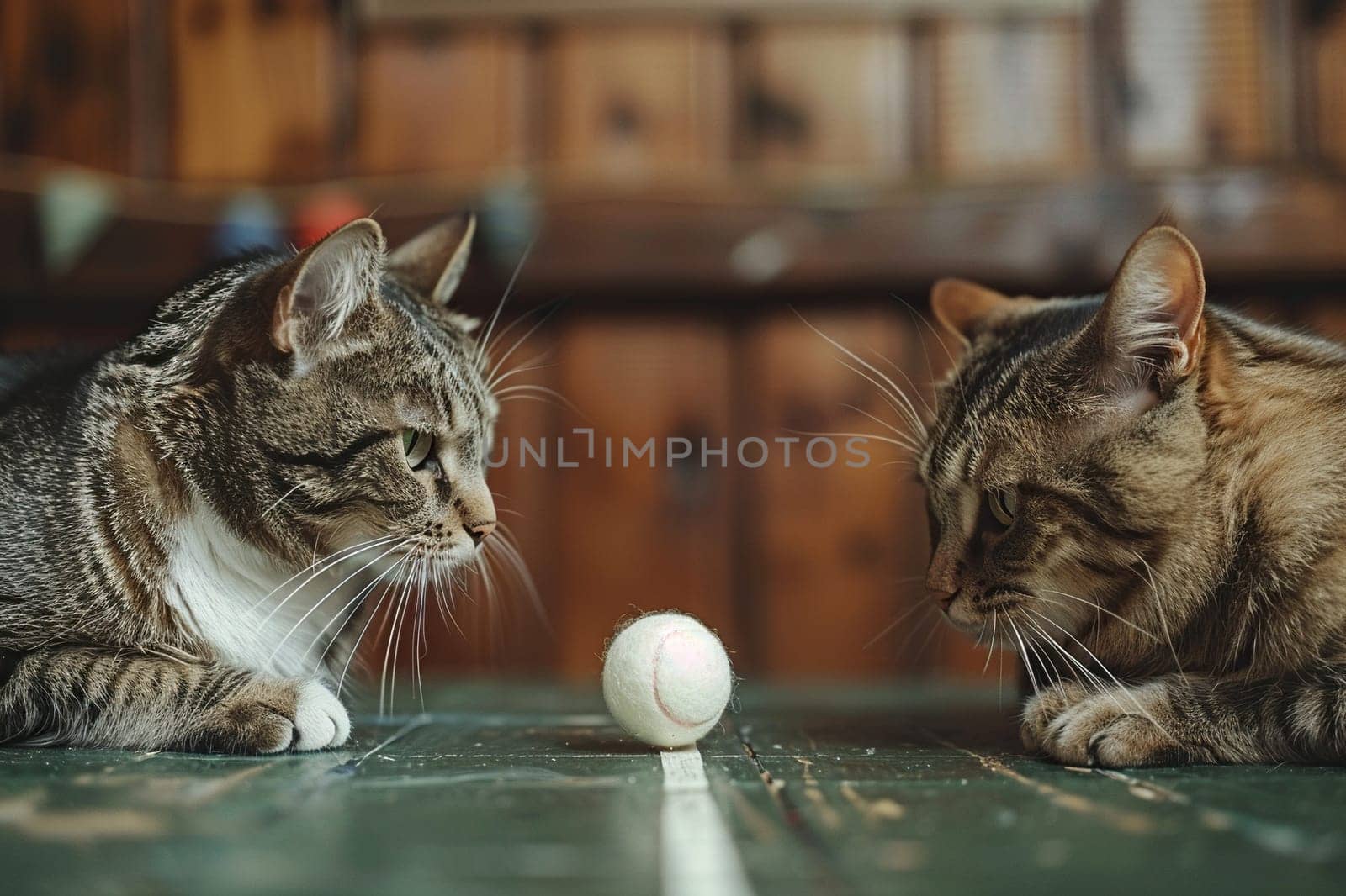 Two gray cats on a tennis table looking at a tennis ball. Table tennis game concept. Generated by artificial intelligence by Vovmar