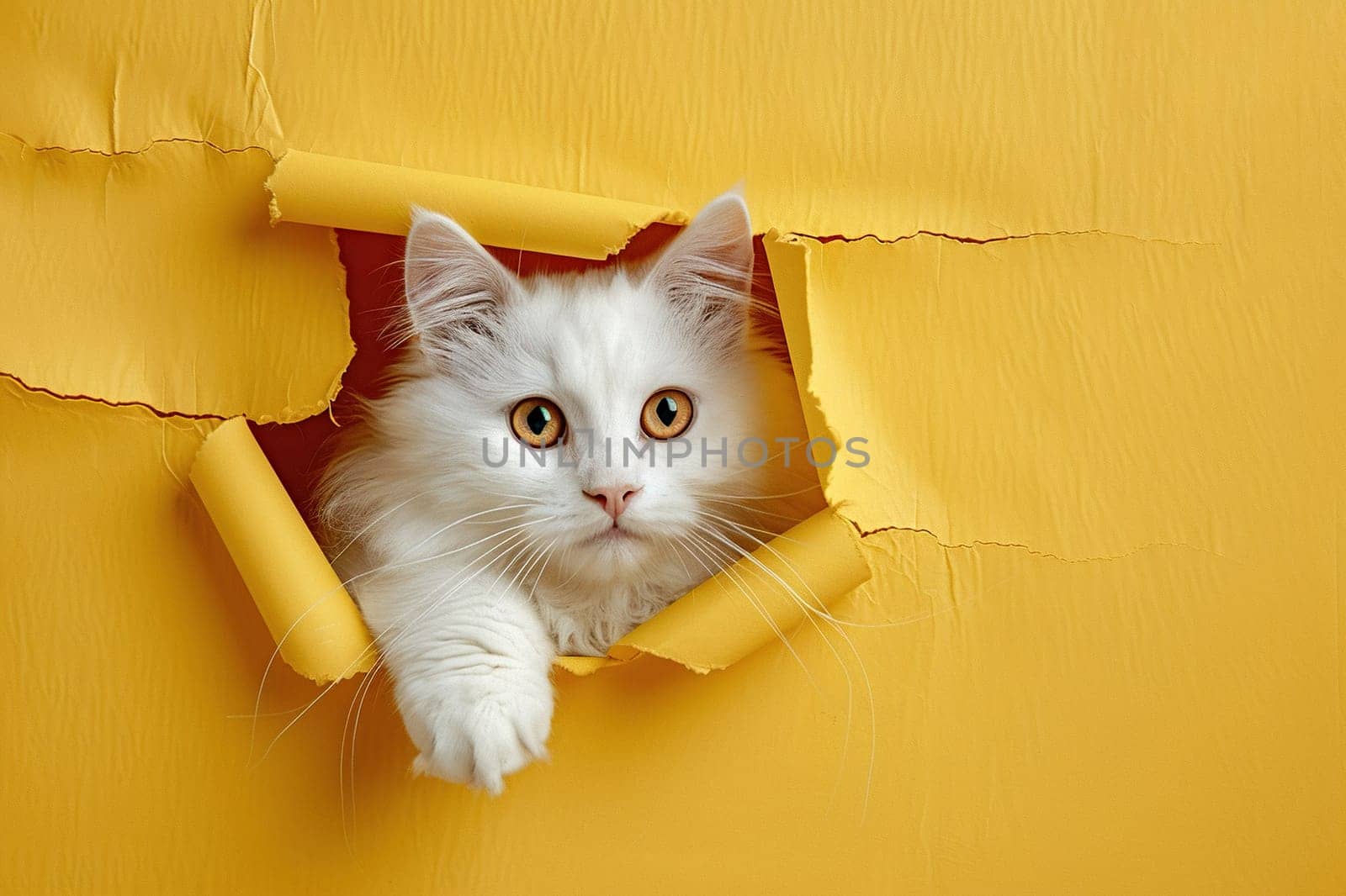 A fluffy white cat looks through a hole in yellow paper.