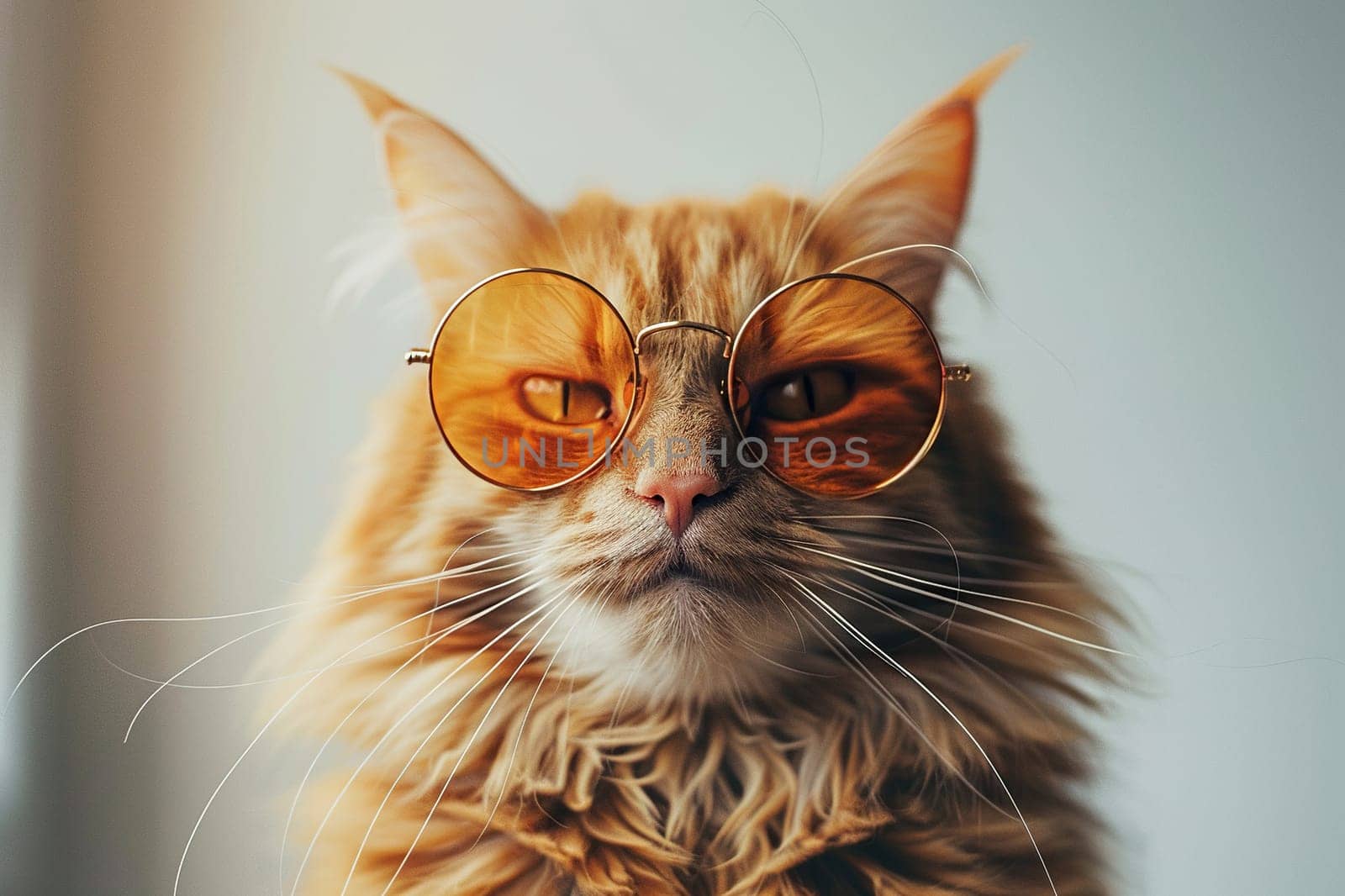 Portrait of a funny red cat in sunglasses on a white background.